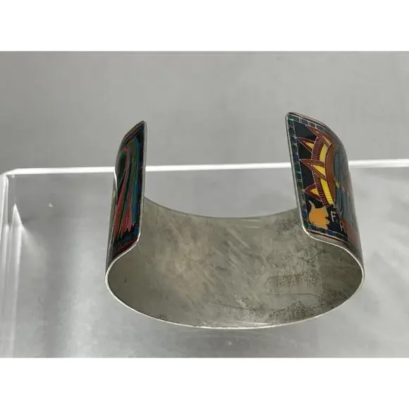 Artist Fernandez Rodriguez Mexico Enamel Aztec Theme Thick Cuff Bracelet - Picture 4 of 5